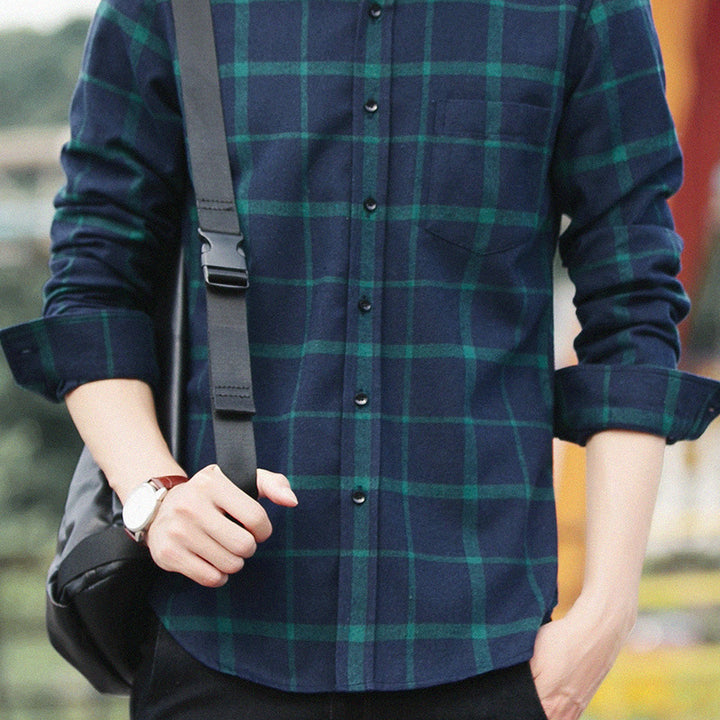 Men's Casual Slim Fit Cotton Plaid Long Sleeve Shirt