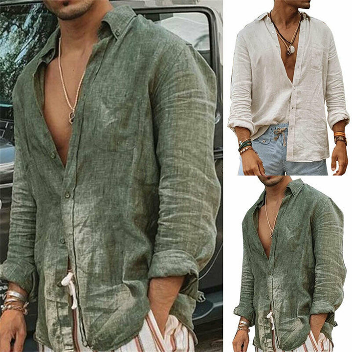 Men's Casual Cotton Linen Lapel Long-Sleeve Shirt
