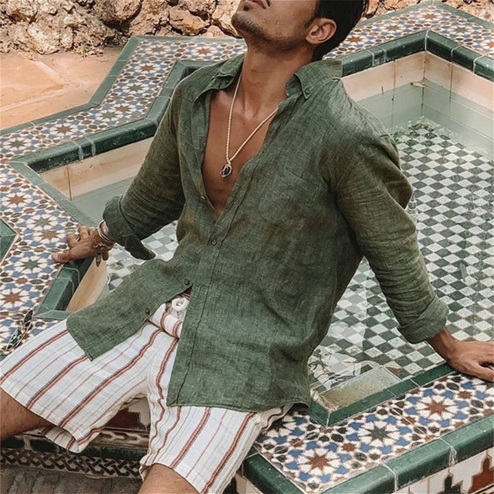 Men's Casual Cotton Linen Lapel Long-Sleeve Shirt