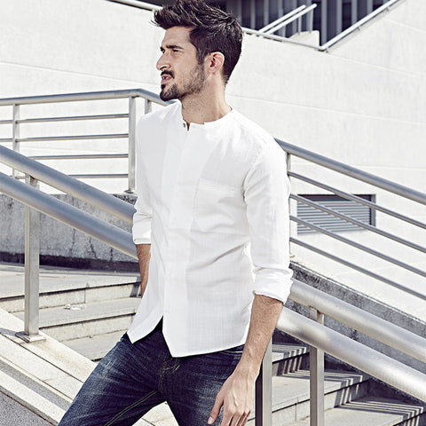 Men's Casual Long Sleeve Slim Fit Cotton Linen Shirt