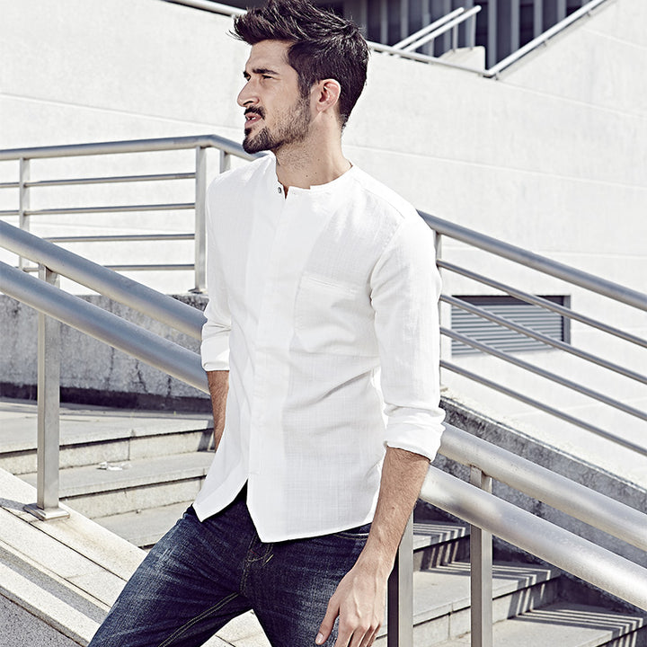 Men's Casual Long Sleeve Slim Fit Cotton Linen Shirt