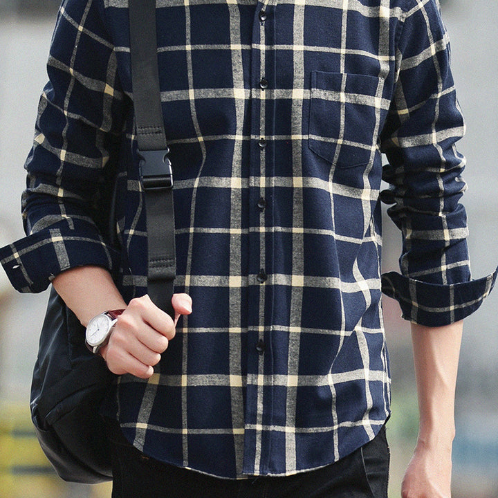 Men's Casual Slim Fit Cotton Plaid Long Sleeve Shirt