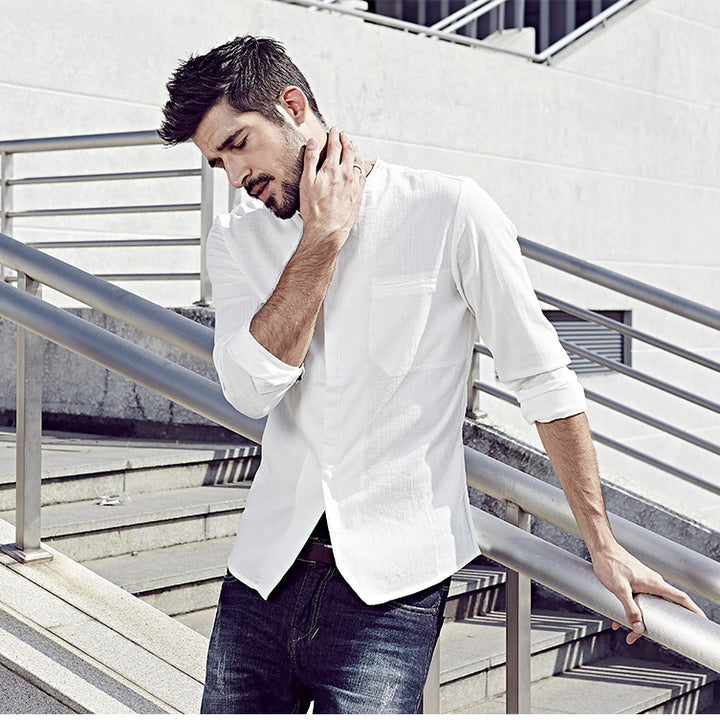 Men's Casual Long Sleeve Slim Fit Cotton Linen Shirt