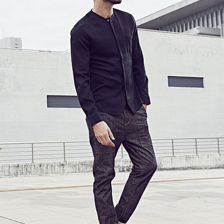 Men's Casual Long Sleeve Slim Fit Cotton Linen Shirt