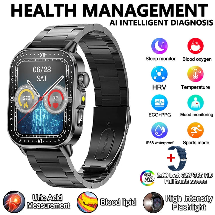 2026 New Model Uric Acid & Lipid Health Analysis Smart Watch Men ECG+PPG Bluetooth Call 2.01-inch Flashlight Smartwatch Women