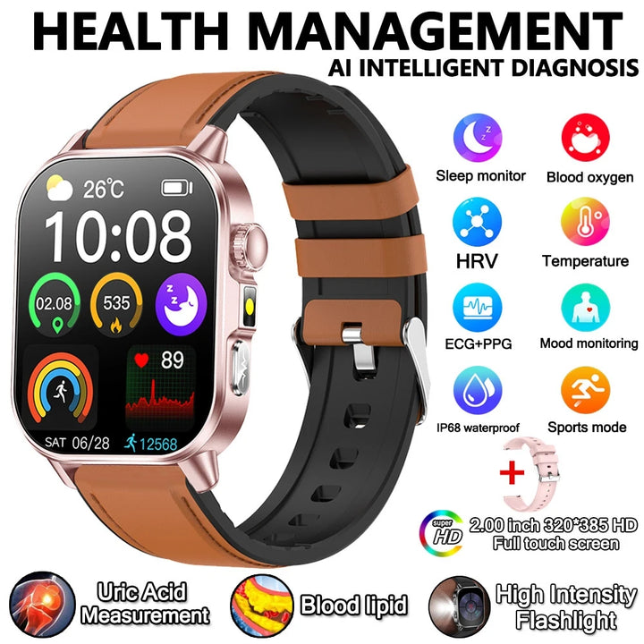 2026 New Model Uric Acid & Lipid Health Analysis Smart Watch Men ECG+PPG Bluetooth Call 2.01-inch Flashlight Smartwatch Women