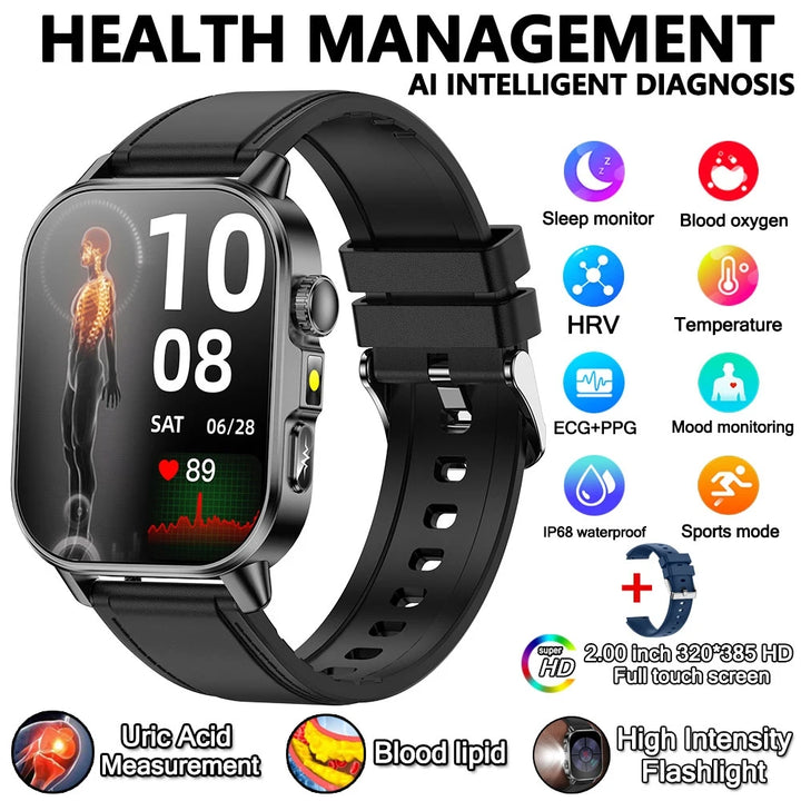 2026 New Model Uric Acid & Lipid Health Analysis Smart Watch Men ECG+PPG Bluetooth Call 2.01-inch Flashlight Smartwatch Women