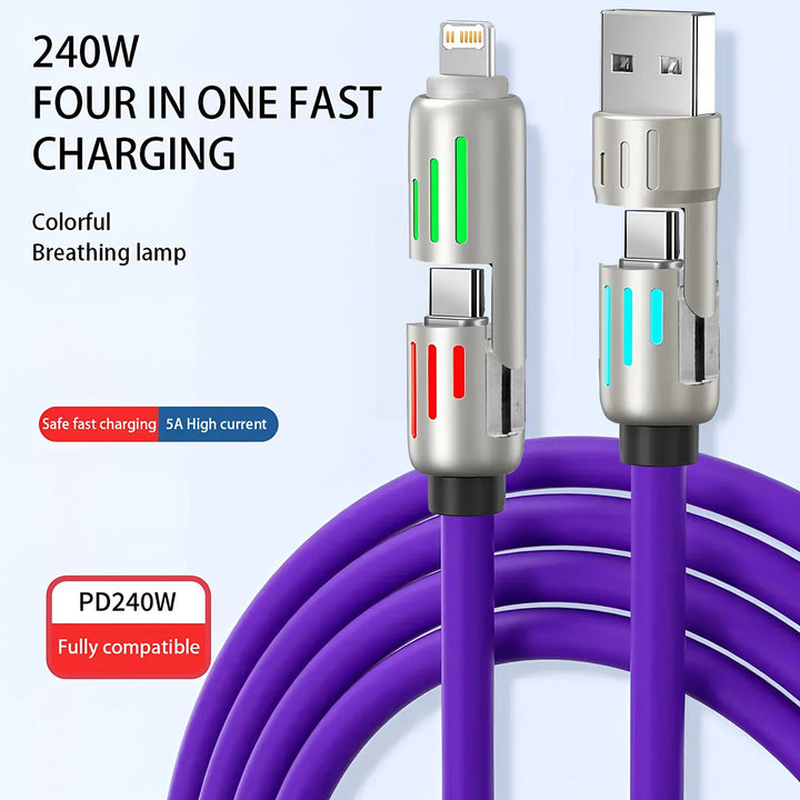 4-in-1 240W USB Type C Silicone Fast Charging Cable, For iPhone Huawei Samsung Xiaomi Durable Type-C To USB A Cable