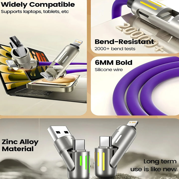 4-in-1 240W USB Type C Silicone Fast Charging Cable, For iPhone Huawei Samsung Xiaomi Durable Type-C To USB A Cable