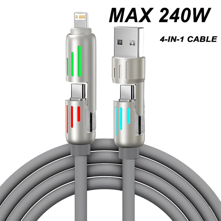 4-in-1 240W USB Type C Silicone Fast Charging Cable, For iPhone Huawei Samsung Xiaomi Durable Type-C To USB A Cable