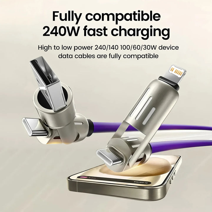4-in-1 240W USB Type C Silicone Fast Charging Cable, For iPhone Huawei Samsung Xiaomi Durable Type-C To USB A Cable