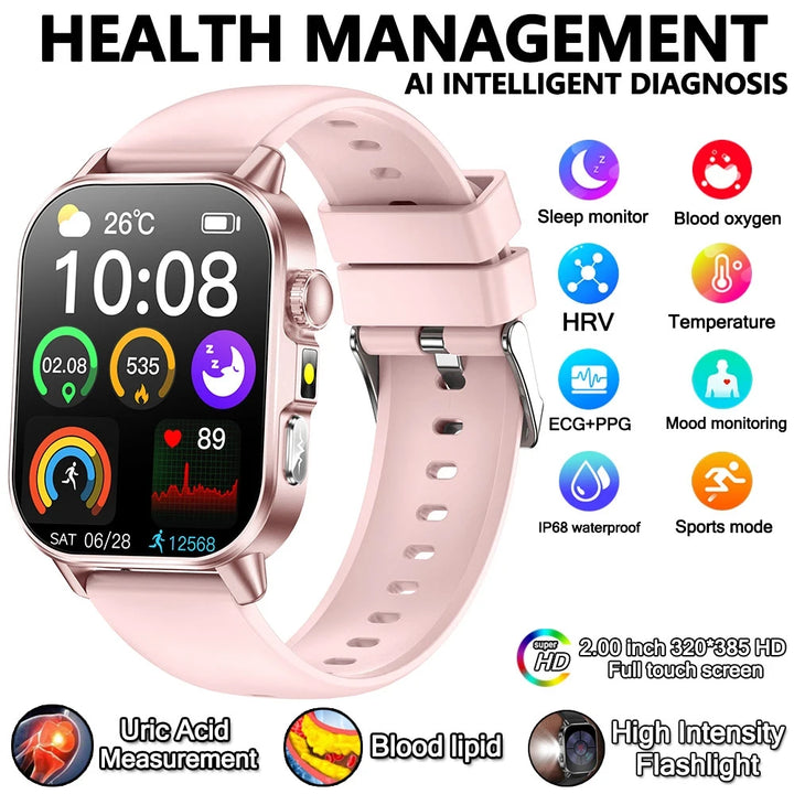 2026 New Model Uric Acid & Lipid Health Analysis Smart Watch Men ECG+PPG Bluetooth Call 2.01-inch Flashlight Smartwatch Women