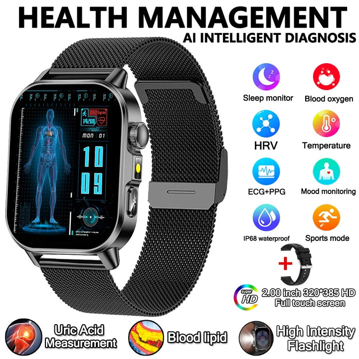 2026 New Model Uric Acid & Lipid Health Analysis Smart Watch Men ECG+PPG Bluetooth Call 2.01-inch Flashlight Smartwatch Women