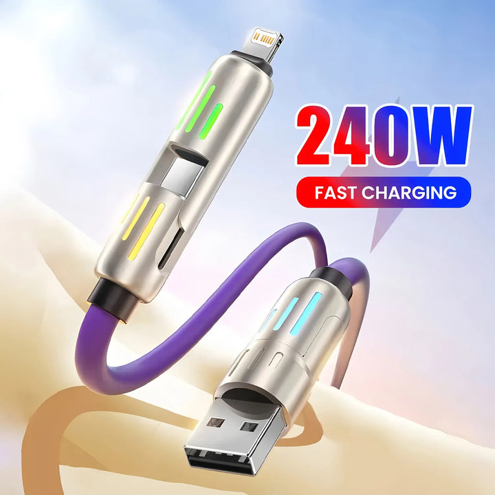 4-in-1 240W USB Type C Silicone Fast Charging Cable, For iPhone Huawei Samsung Xiaomi Durable Type-C To USB A Cable