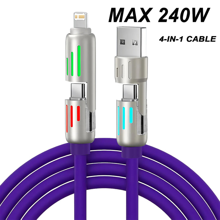 4-in-1 240W USB Type C Silicone Fast Charging Cable, For iPhone Huawei Samsung Xiaomi Durable Type-C To USB A Cable
