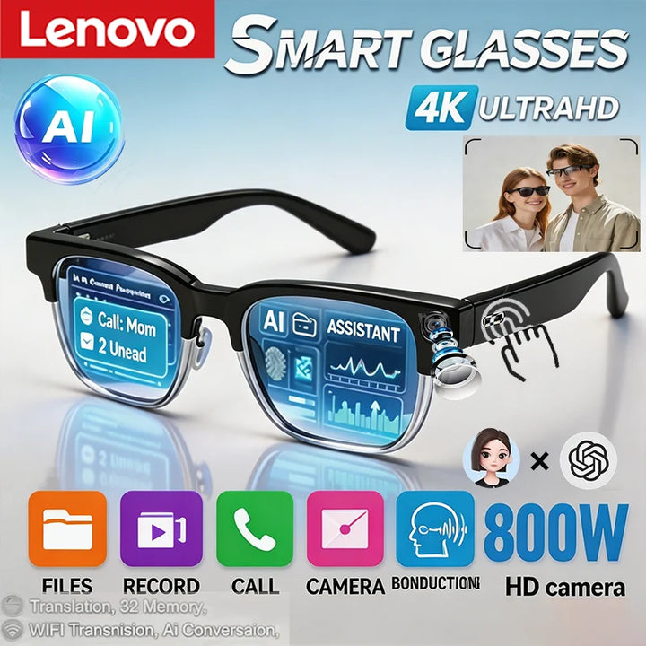 Lenovo AI Voice Assistant Smart Glasses 4K Remote Control Touch Photo Camera Recording Translator Wireless Bluetooth Sunglasses