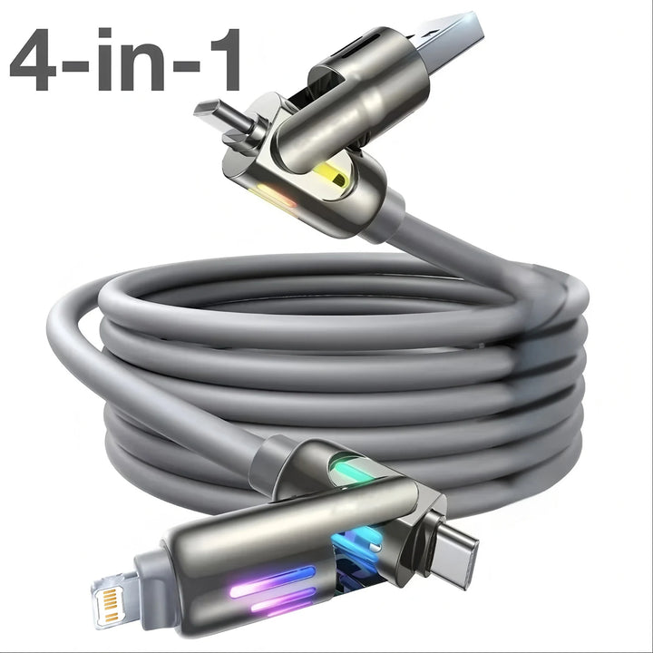 4-in-1 240W USB Type C Silicone Fast Charging Cable, For iPhone Huawei Samsung Xiaomi Durable Type-C To USB A Cable