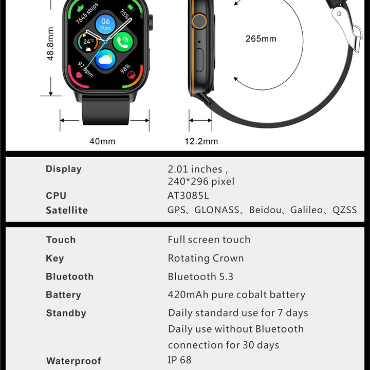 New GPS Military Smart Watch Bulit-in GPS Compass Altimeter Barometric 10ATM IP69K Waterproof AMOLED BT Call Smartwatch