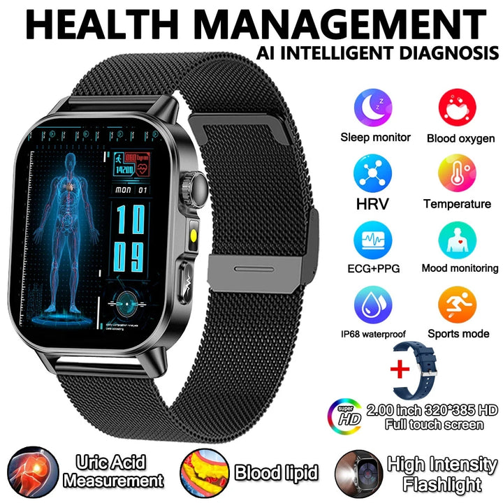 2026 New Model Uric Acid & Lipid Health Analysis Smart Watch Men ECG+PPG Bluetooth Call 2.01-inch Flashlight Smartwatch Women