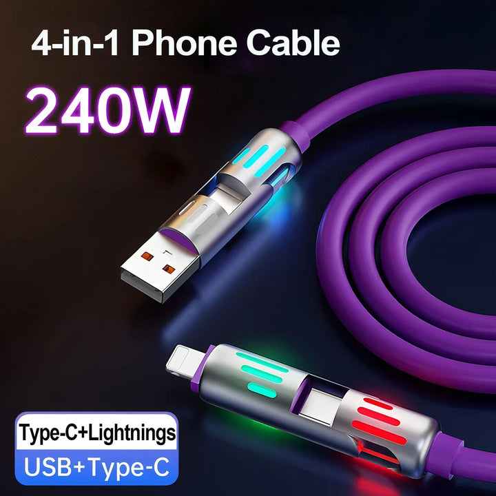4-in-1 240W USB Type C Silicone Fast Charging Cable, For iPhone Huawei Samsung Xiaomi Durable Type-C To USB A Cable