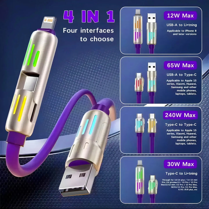 4-in-1 240W USB Type C Silicone Fast Charging Cable, For iPhone Huawei Samsung Xiaomi Durable Type-C To USB A Cable