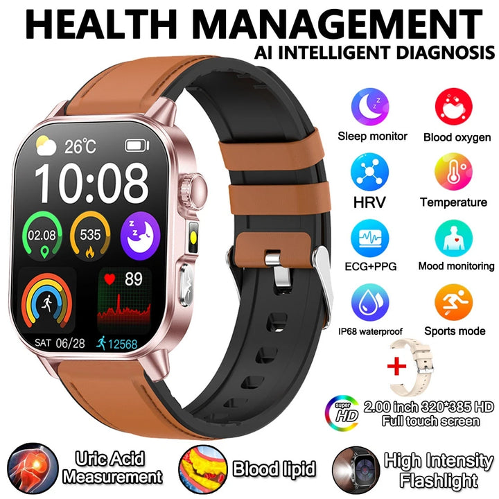 2026 New Model Uric Acid & Lipid Health Analysis Smart Watch Men ECG+PPG Bluetooth Call 2.01-inch Flashlight Smartwatch Women