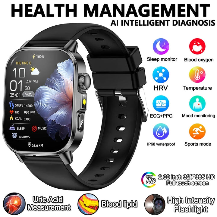 2026 New Model Uric Acid & Lipid Health Analysis Smart Watch Men ECG+PPG Bluetooth Call 2.01-inch Flashlight Smartwatch Women