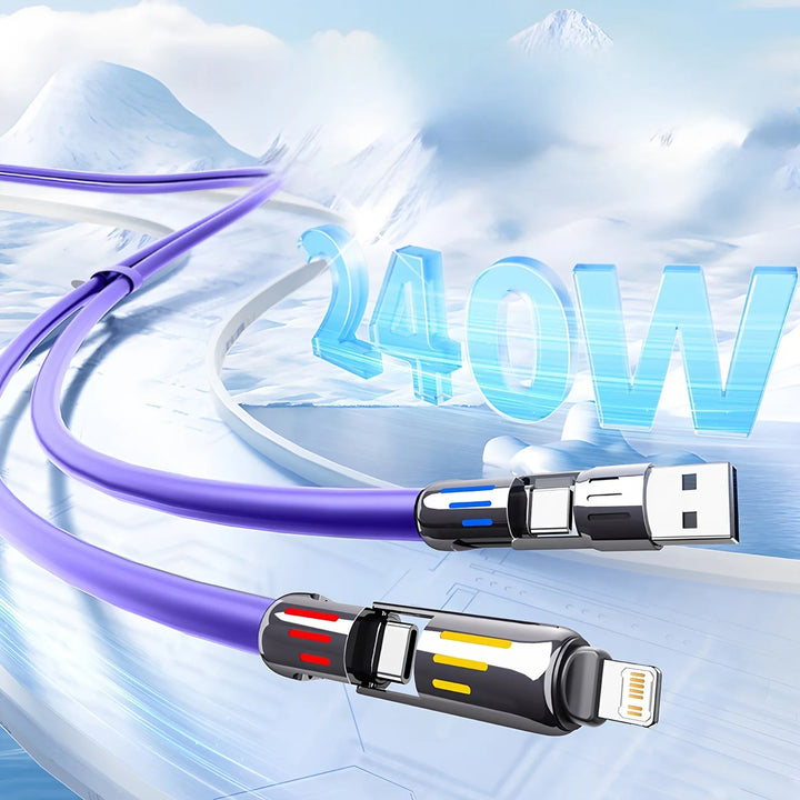 4-in-1 240W USB Type C Silicone Fast Charging Cable, For iPhone Huawei Samsung Xiaomi Durable Type-C To USB A Cable