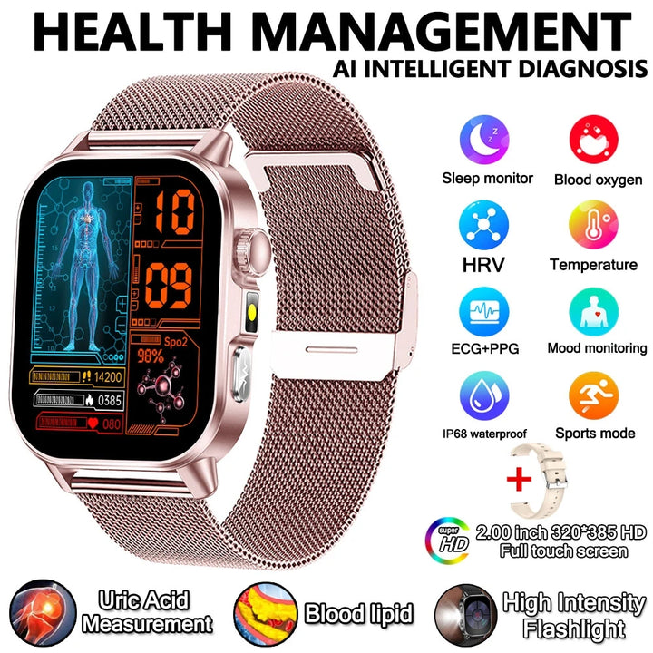 2026 New Model Uric Acid & Lipid Health Analysis Smart Watch Men ECG+PPG Bluetooth Call 2.01-inch Flashlight Smartwatch Women